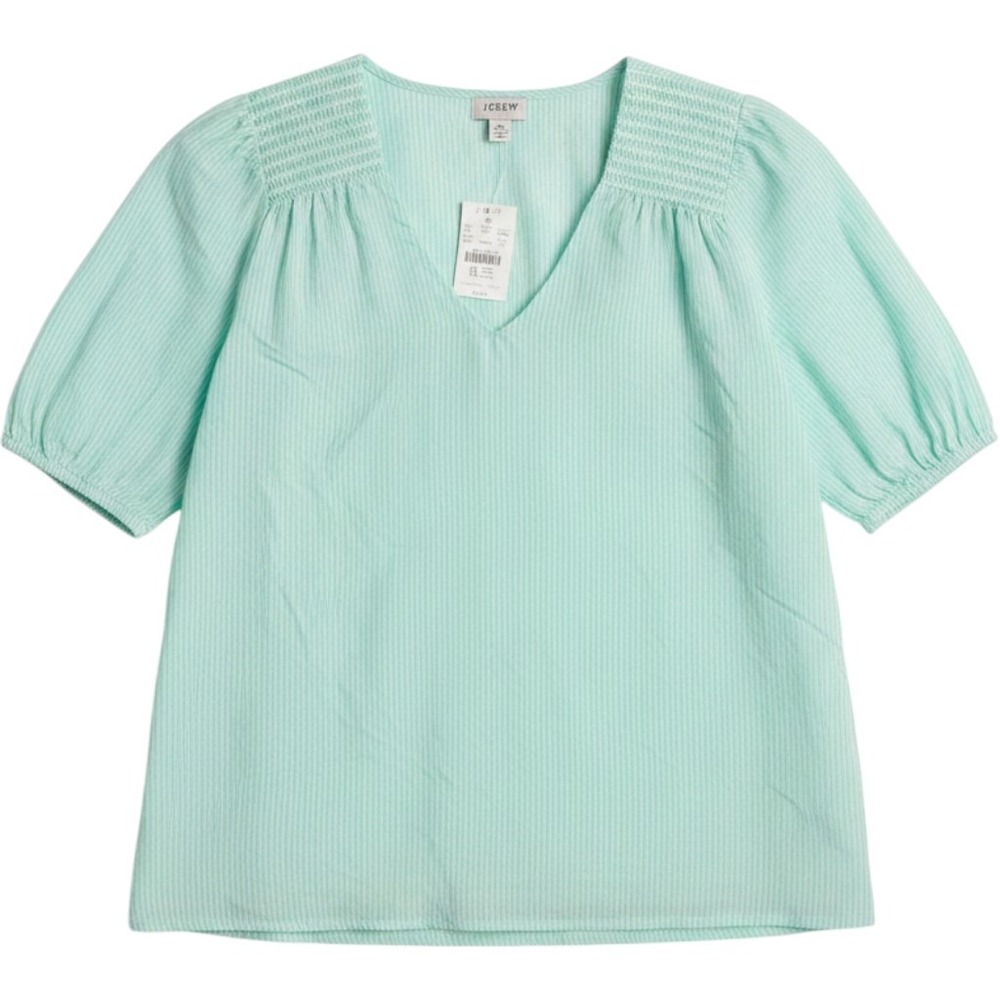 J.Crew V-Neck Blouse Women XS Green White Stripe Smocked Puff Sleeve Preppy Chic